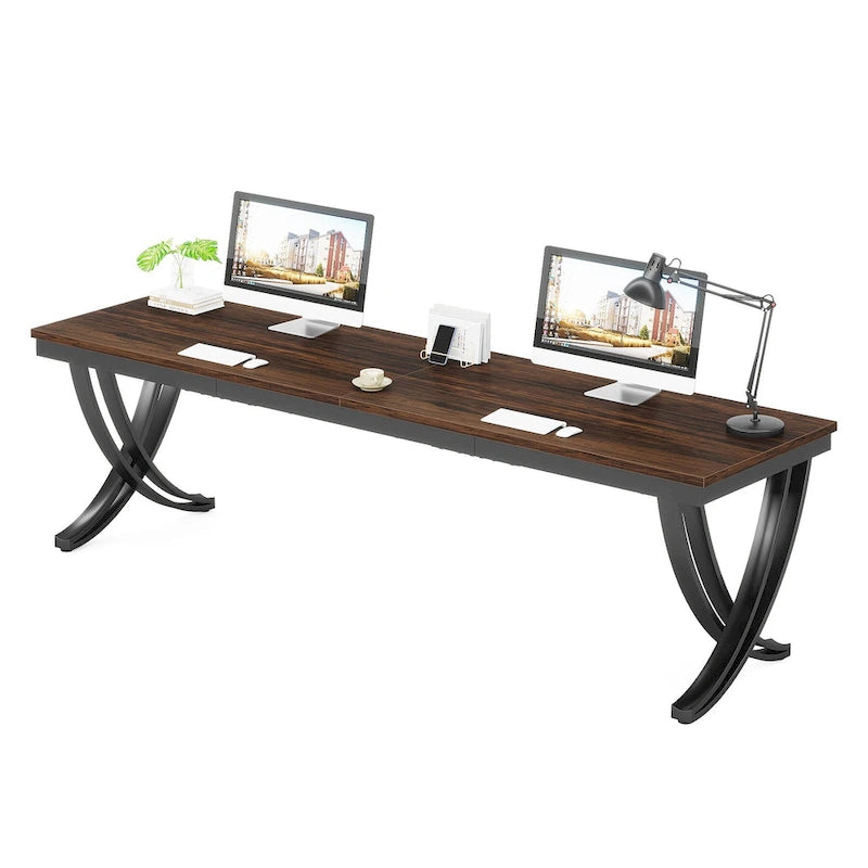 Marron+Noir / Blanc, Bureau double pour 2 personnes de 199,9 cm avec pieds en métal