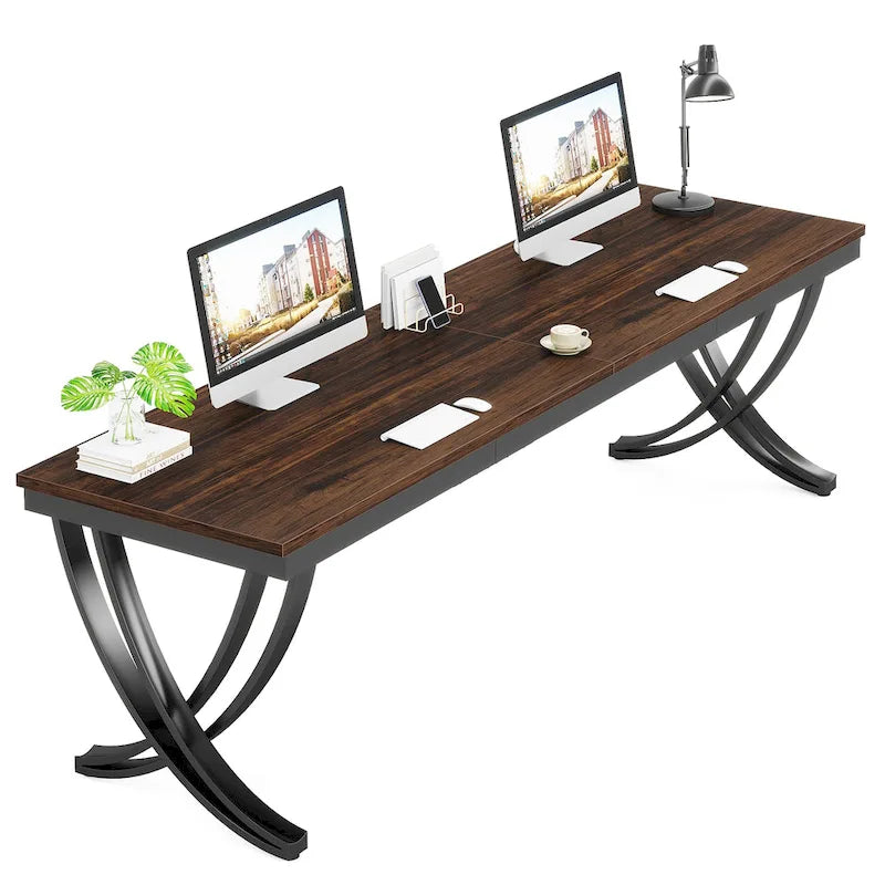 Marron+Noir / Blanc, Bureau double pour 2 personnes de 199,9 cm avec pieds en métal