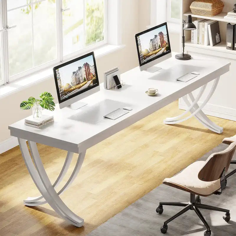 Marron+Noir / Blanc, Bureau double pour 2 personnes de 199,9 cm avec pieds en métal