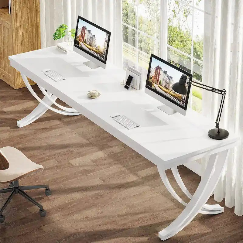 Marron+Noir / Blanc, Bureau double pour 2 personnes de 199,9 cm avec pieds en métal