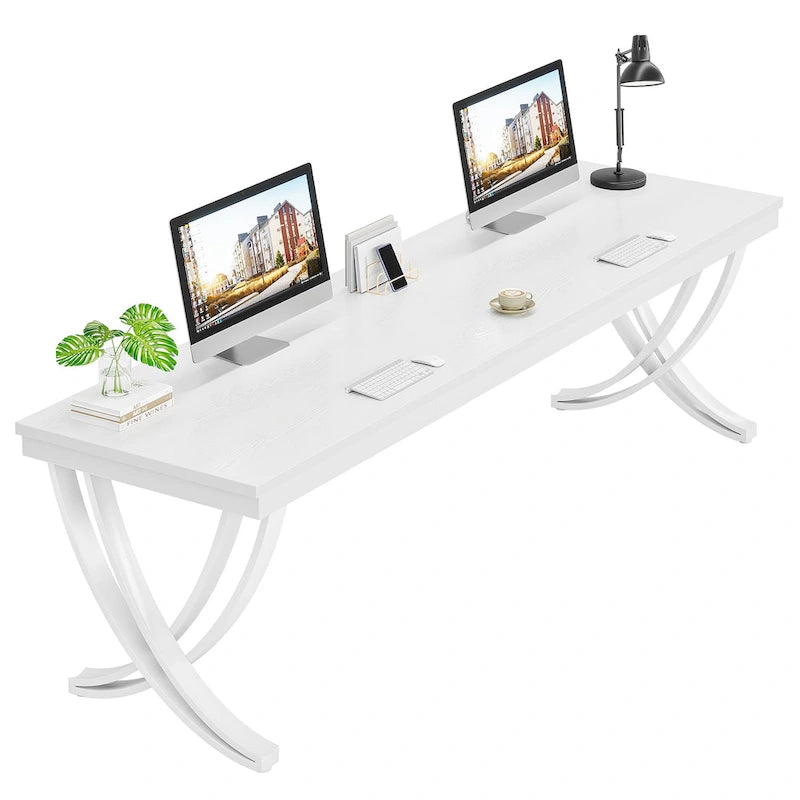 Marron+Noir / Blanc, Bureau double pour 2 personnes de 199,9 cm avec pieds en métal