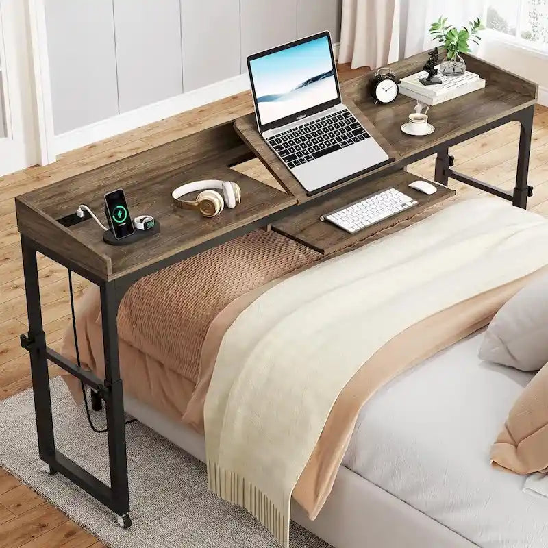 Table de lit réglable en hauteur avec roulettes et station de charge – Gris foncé / Marron, 1 utilisateur