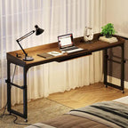 Table de lit réglable en hauteur avec roulettes et station de charge – Gris foncé / Marron, 1 utilisateur