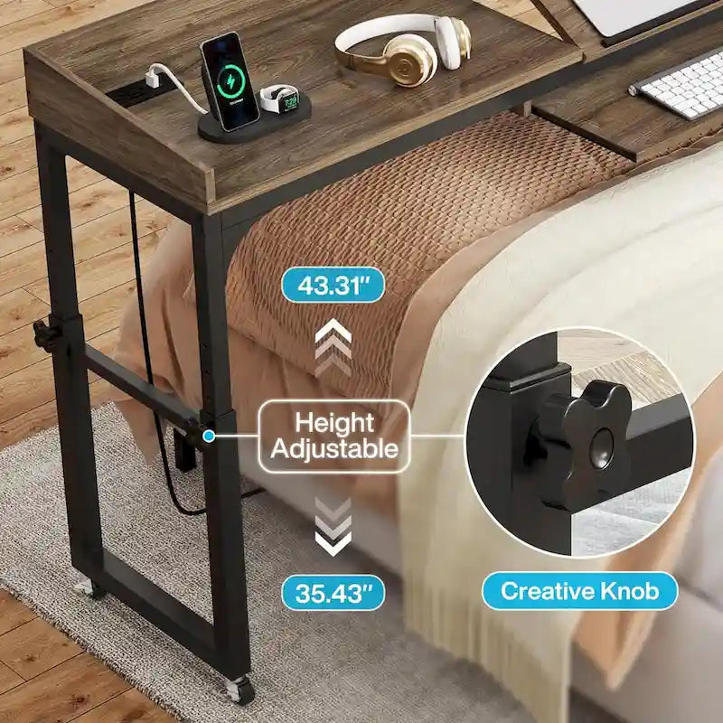 Table de lit réglable en hauteur avec roulettes et station de charge – Gris foncé / Marron, 1 utilisateur