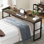 Table de lit réglable en hauteur avec roulettes et station de charge – Gris foncé / Marron, 1 utilisateur