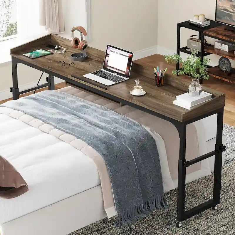 Table de lit réglable en hauteur avec roulettes et station de charge – Gris foncé / Marron, 1 utilisateur
