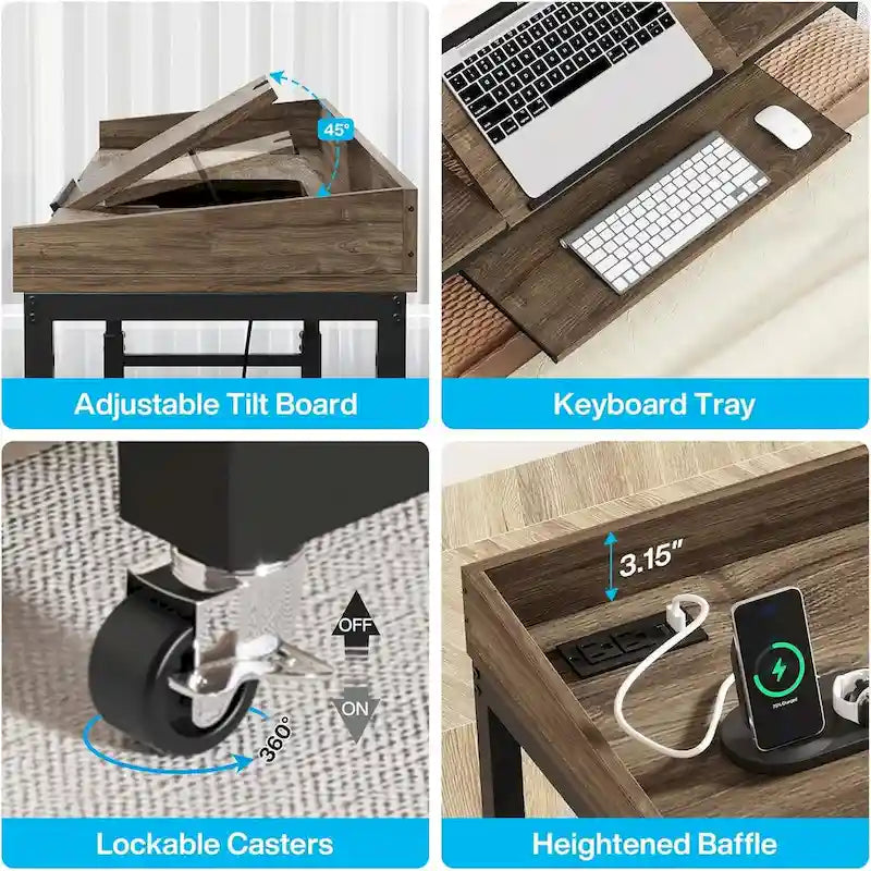 Table de lit réglable en hauteur avec roulettes et station de charge – Gris foncé / Marron, 1 utilisateur