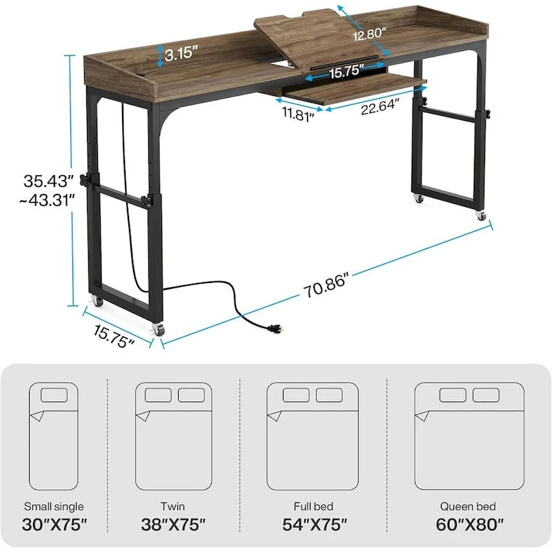Table de lit réglable en hauteur avec roulettes et station de charge – Gris foncé / Marron, 1 utilisateur
