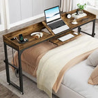 Table de lit réglable en hauteur avec roulettes et station de charge – Gris foncé / Marron, 1 utilisateur