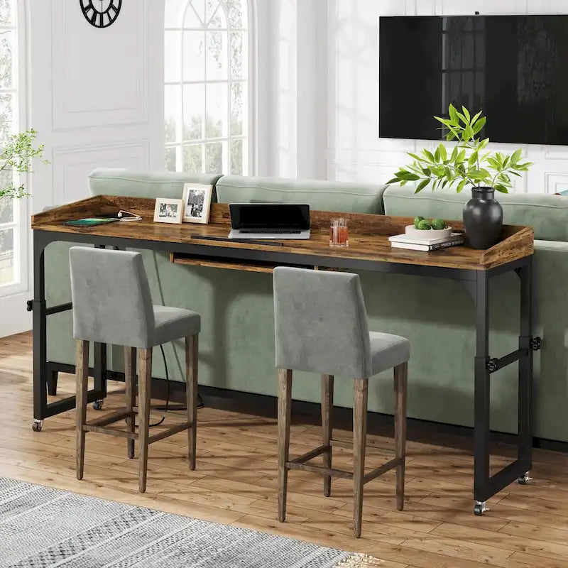 Table de lit réglable en hauteur avec roulettes et station de charge – Gris foncé / Marron, 1 utilisateur