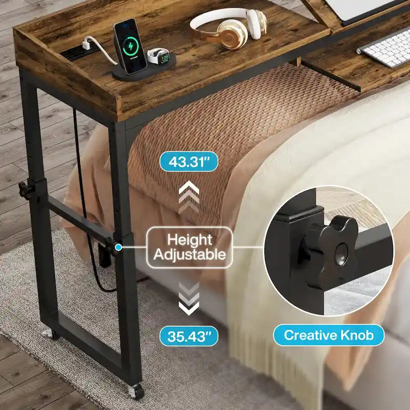 Table de lit réglable en hauteur avec roulettes et station de charge – Gris foncé / Marron, 1 utilisateur