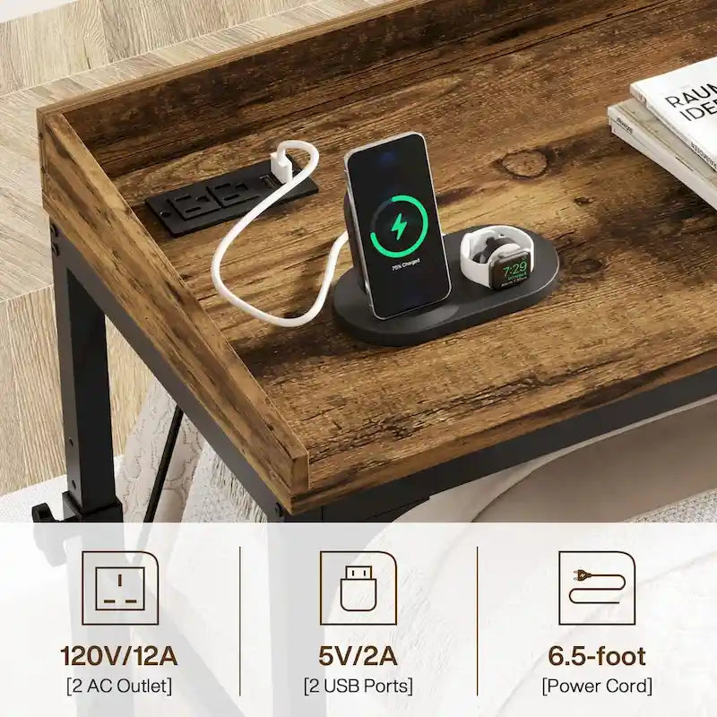 Table de lit réglable en hauteur avec roulettes et station de charge – Gris foncé / Marron, 1 utilisateur