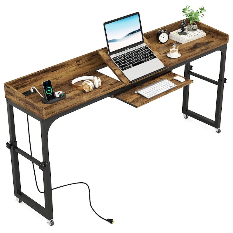 Table de lit réglable en hauteur avec roulettes et station de charge – Gris foncé / Marron, 1 utilisateur