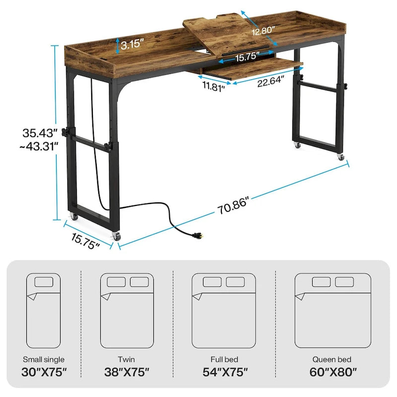 Table de lit réglable en hauteur avec roulettes et station de charge – Gris foncé / Marron, 1 utilisateur