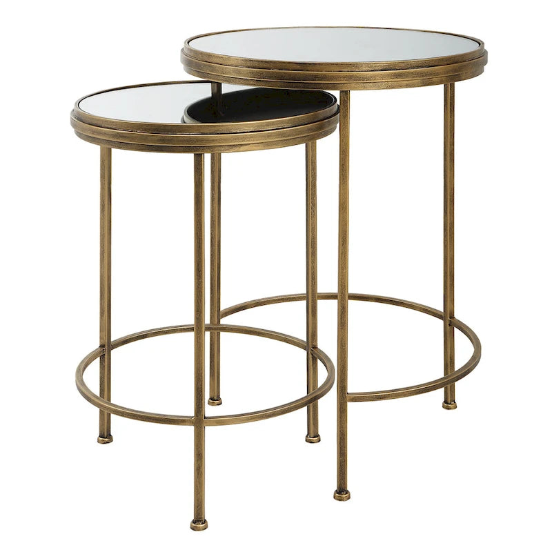 Tables gigognes miroir/verre blanc et doré, lot de 2