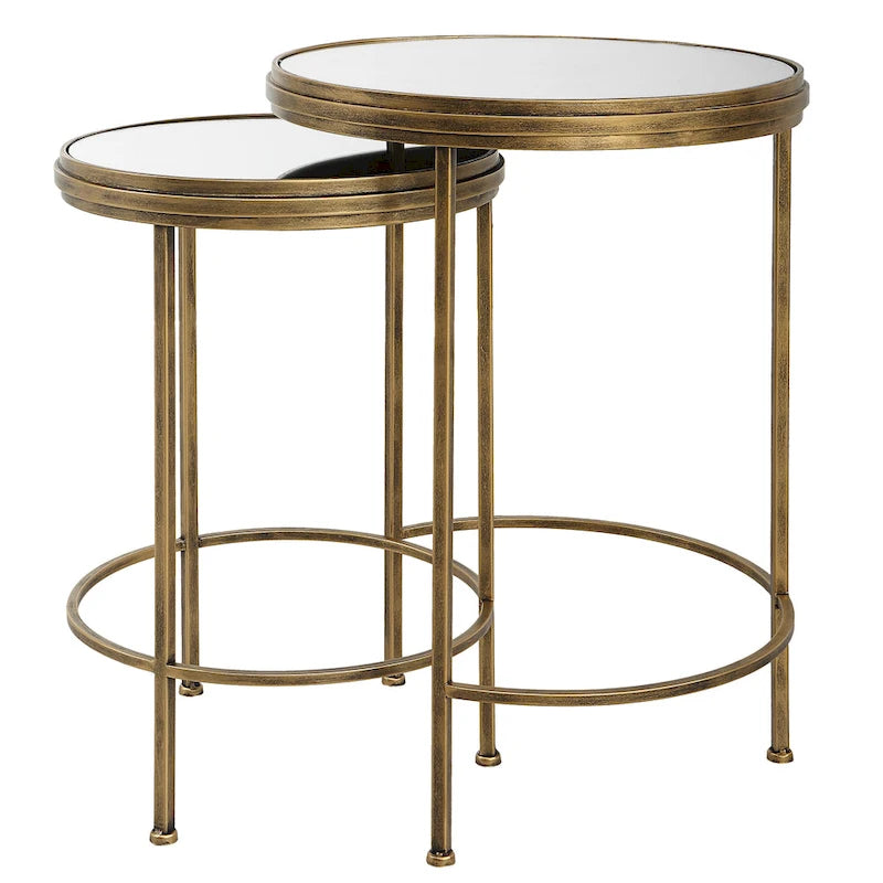 Tables gigognes miroir/verre blanc et doré, lot de 2