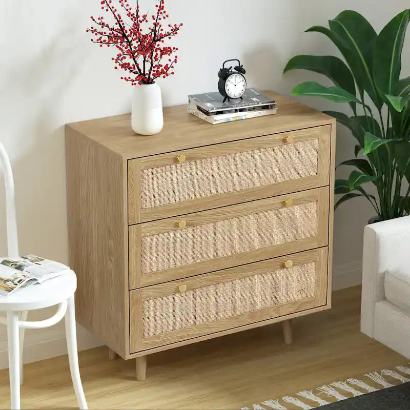 Commode en chêne à 3 tiroirs en rotin, style bohème, montage à 2 personnes