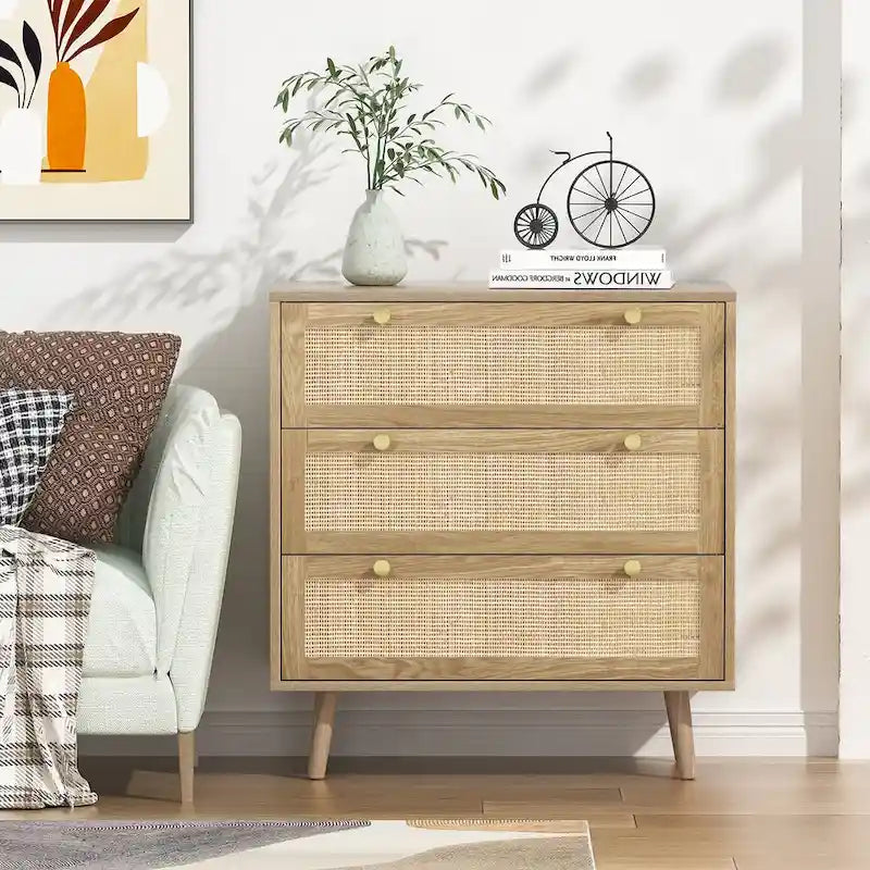 Commode en chêne à 3 tiroirs en rotin, style bohème, montage à 2 personnes
