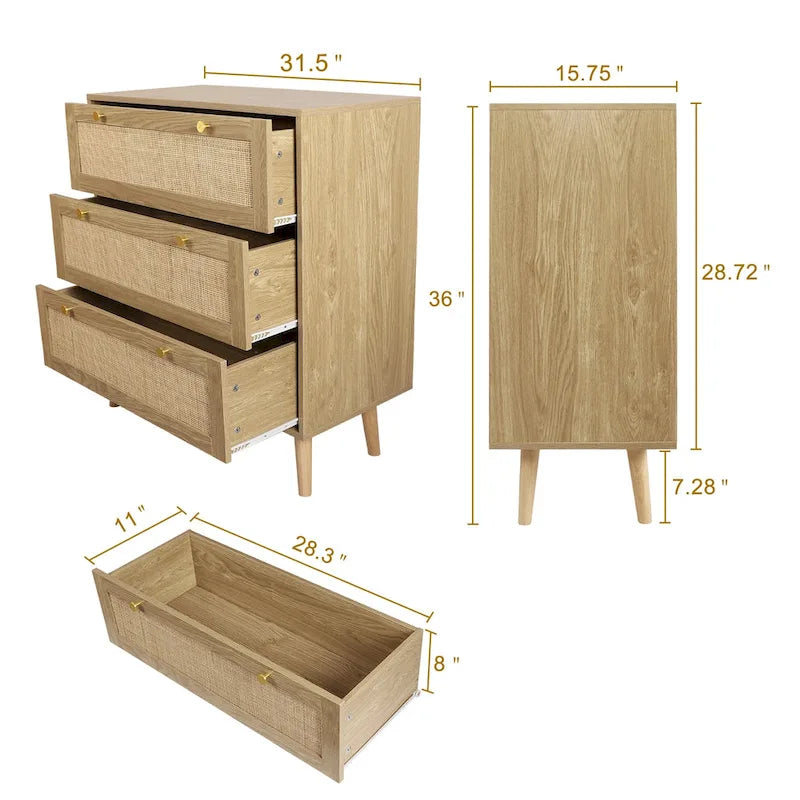 Commode en chêne à 3 tiroirs en rotin, style bohème, montage à 2 personnes