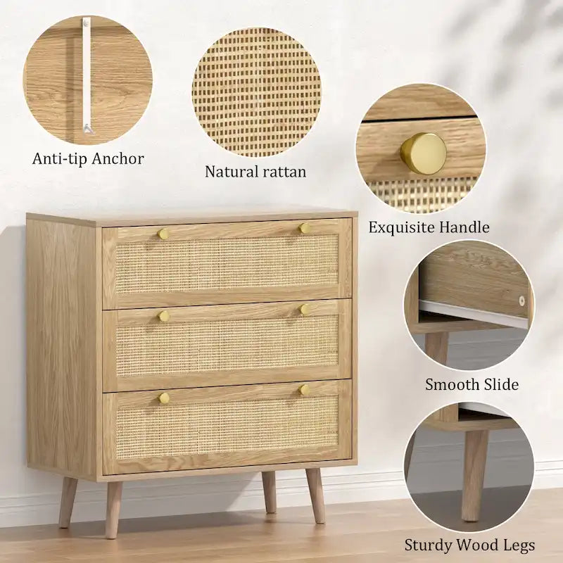 Commode en chêne à 3 tiroirs en rotin, style bohème, montage à 2 personnes