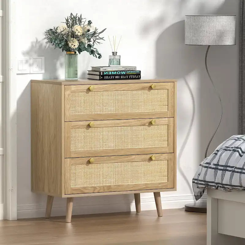 Commode en chêne à 3 tiroirs en rotin, style bohème, montage à 2 personnes
