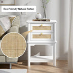 Table de chevet en bois blanc et rotin avec 2 tiroirs et étagère ouverte