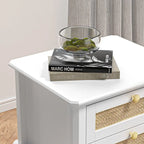 Table de chevet en bois blanc et rotin avec 2 tiroirs et étagère ouverte