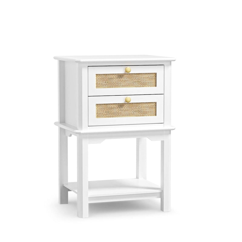Table de chevet en bois blanc et rotin avec 2 tiroirs et étagère ouverte