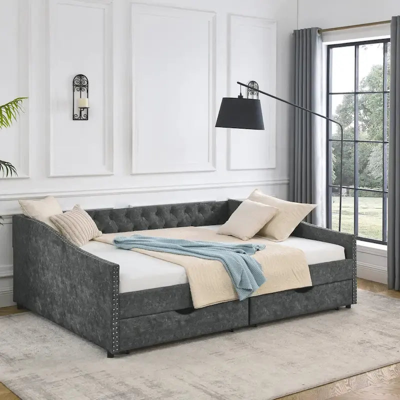 Lit de repos double capitonné avec tiroir gigogne et 2 tiroirs, garniture cloutée, 2 personnes, capacité de 227 kg