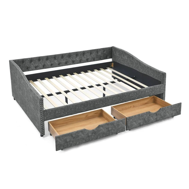 Lit de repos double capitonné avec tiroir gigogne et 2 tiroirs, garniture cloutée, 2 personnes, capacité de 227 kg