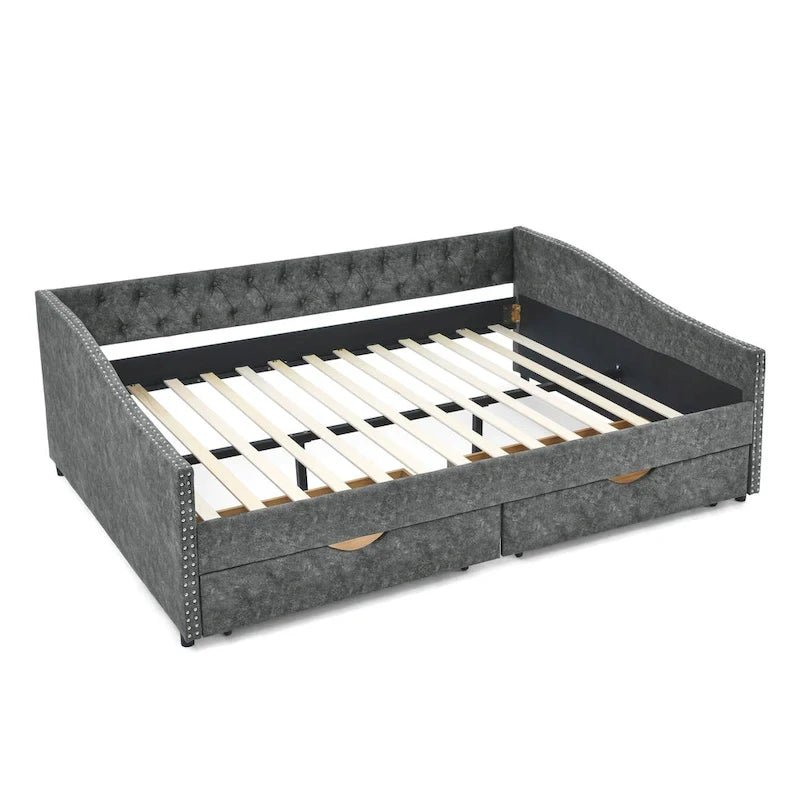 Lit de repos double capitonné avec tiroir gigogne et 2 tiroirs, garniture cloutée, 2 personnes, capacité de 227 kg