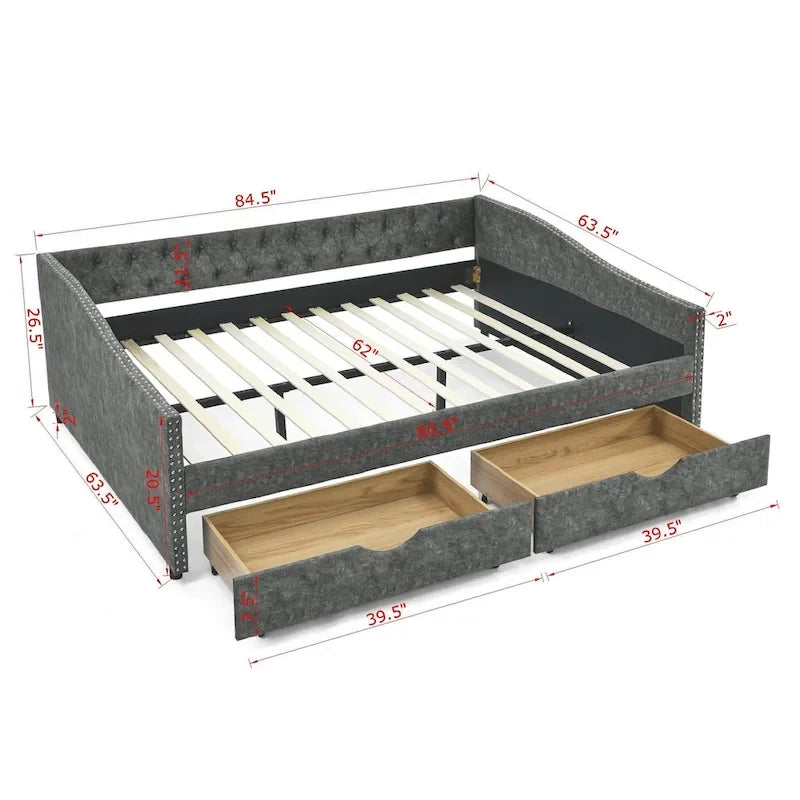 Lit de repos double capitonné avec tiroir gigogne et 2 tiroirs, garniture cloutée, 2 personnes, capacité de 227 kg