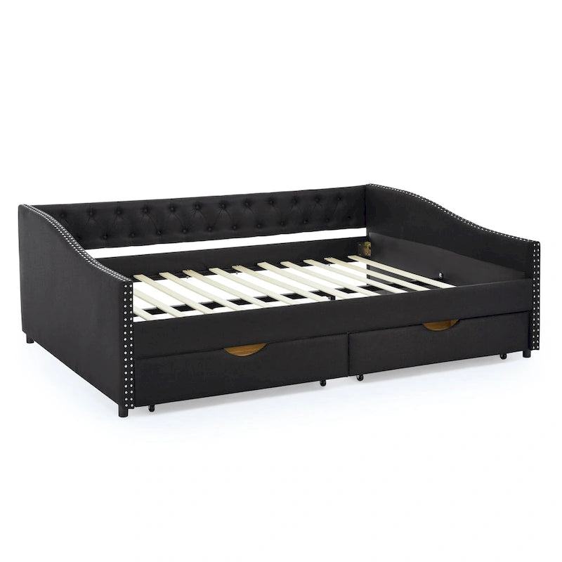 Lit de repos double capitonné avec tiroir gigogne et 2 tiroirs, garniture cloutée, 2 personnes, capacité de 227 kg