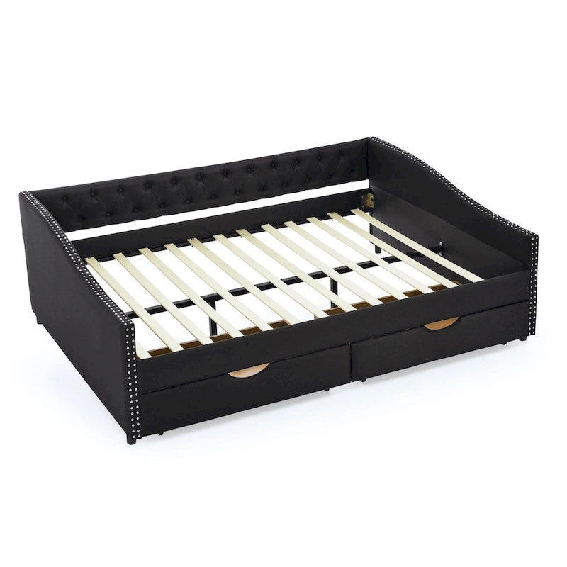 Lit de repos double capitonné avec tiroir gigogne et 2 tiroirs, garniture cloutée, 2 personnes, capacité de 227 kg