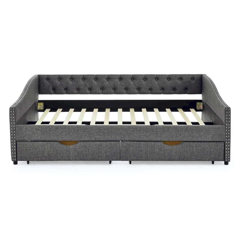Lit de repos double capitonné avec tiroir gigogne et 2 tiroirs, garniture cloutée, 2 personnes, capacité de 227 kg