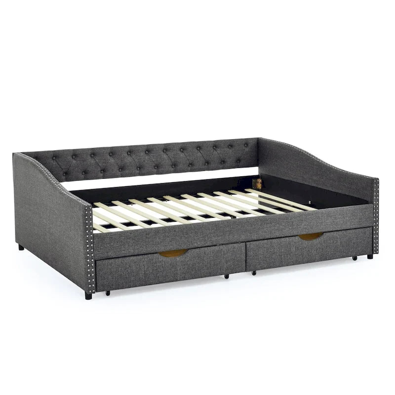 Lit de repos double capitonné avec tiroir gigogne et 2 tiroirs, garniture cloutée, 2 personnes, capacité de 227 kg