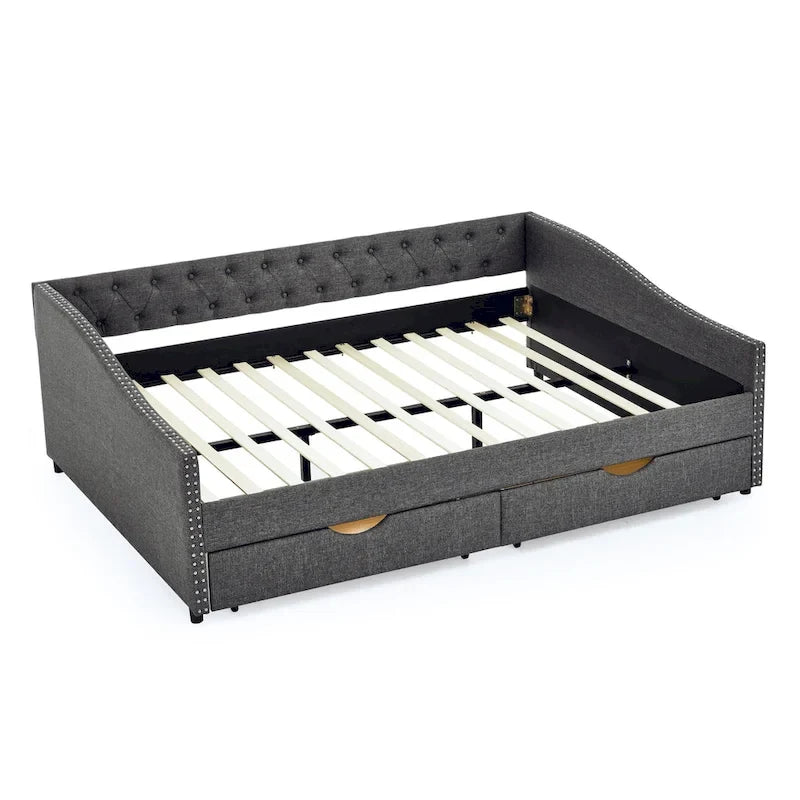 Lit de repos double capitonné avec tiroir gigogne et 2 tiroirs, garniture cloutée, 2 personnes, capacité de 227 kg
