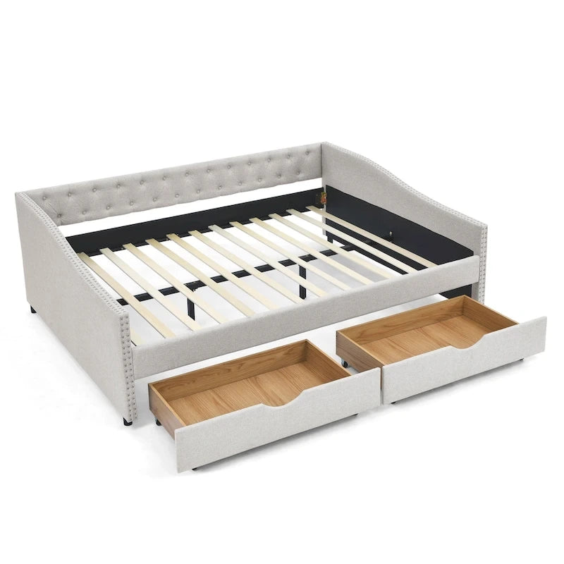Lit de repos double capitonné avec tiroir gigogne et 2 tiroirs, garniture cloutée, 2 personnes, capacité de 227 kg