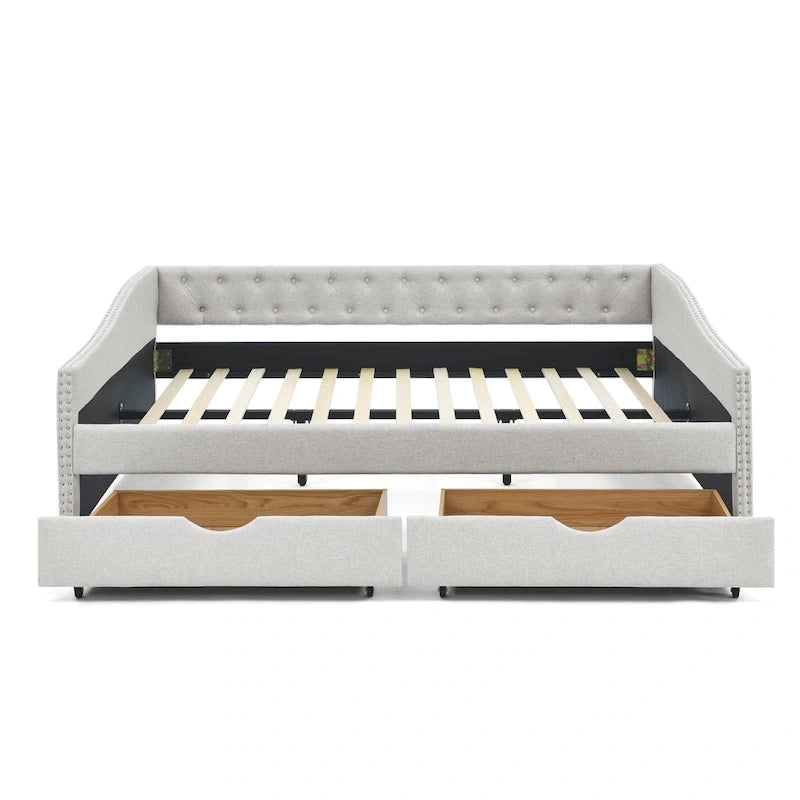 Lit de repos double capitonné avec tiroir gigogne et 2 tiroirs, garniture cloutée, 2 personnes, capacité de 227 kg