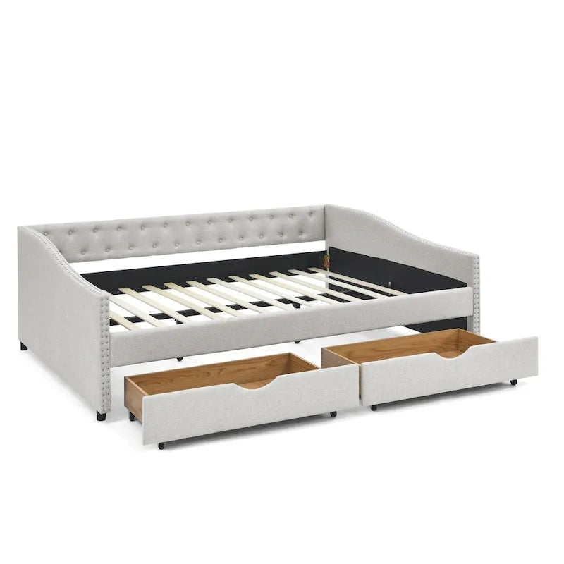 Lit de repos double capitonné avec tiroir gigogne et 2 tiroirs, garniture cloutée, 2 personnes, capacité de 227 kg