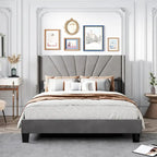 Cadre de lit Queen en velours beige / gris / bleu, 2 personnes