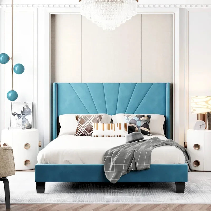Cadre de lit Queen en velours beige / gris / bleu, 2 personnes