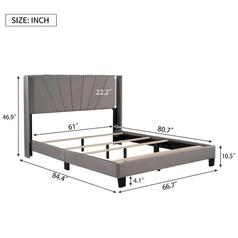 Cadre de lit Queen en velours beige / gris / bleu, 2 personnes