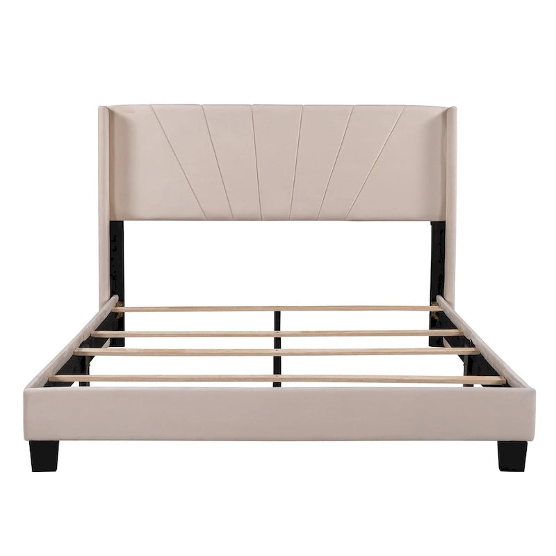 Cadre de lit Queen en velours beige / gris / bleu, 2 personnes