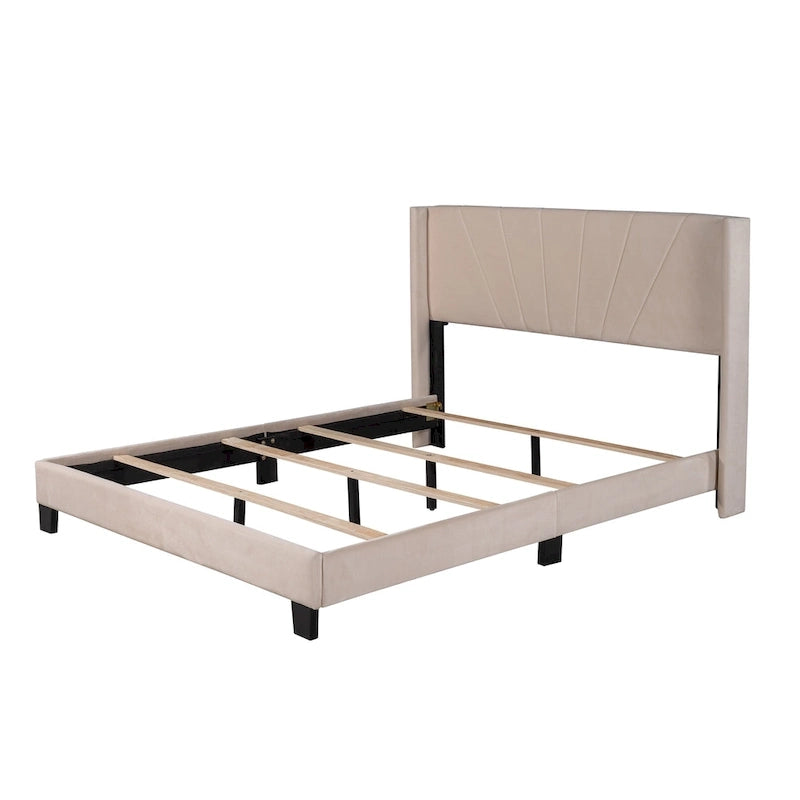 Cadre de lit Queen en velours beige / gris / bleu, 2 personnes