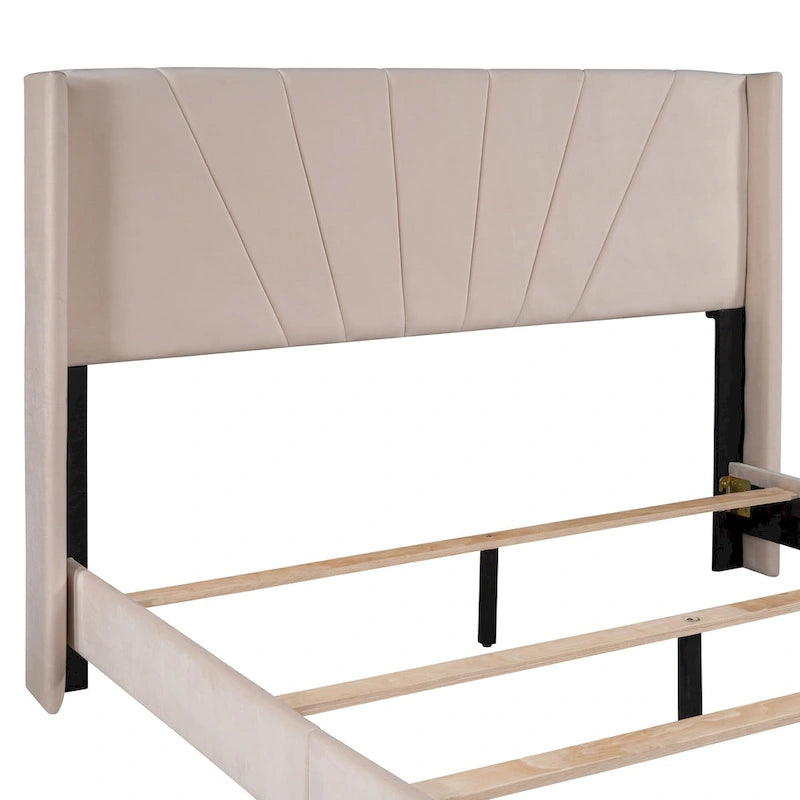 Cadre de lit Queen en velours beige / gris / bleu, 2 personnes