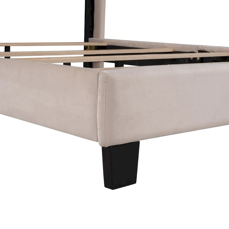 Cadre de lit Queen en velours beige / gris / bleu, 2 personnes