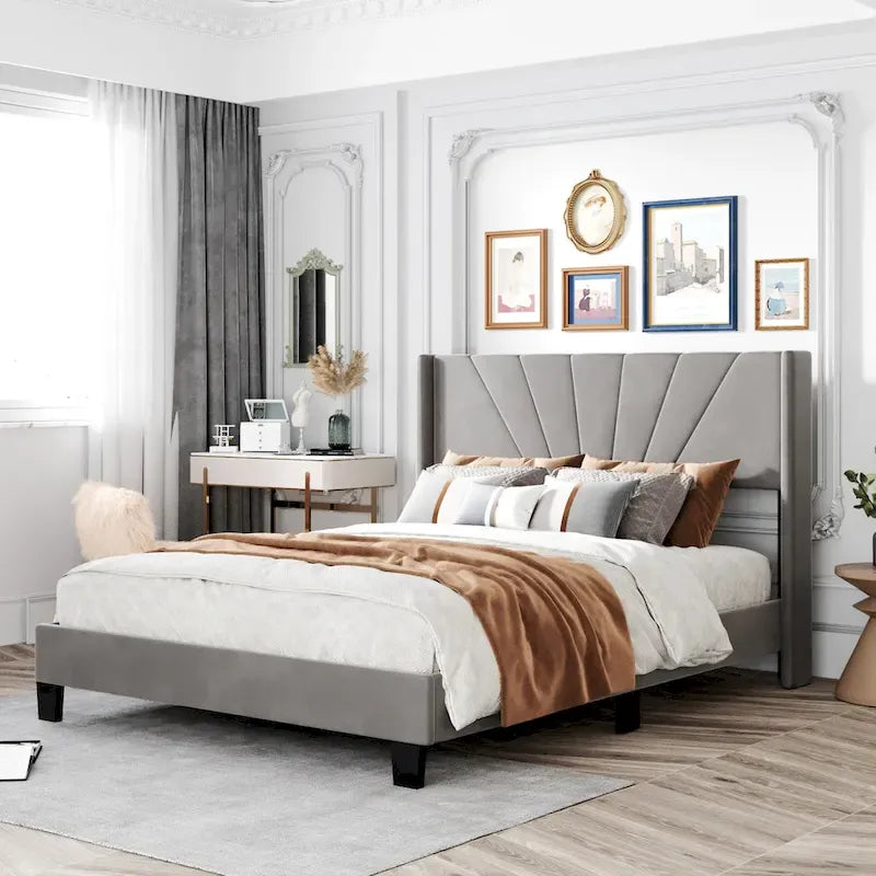 Cadre de lit Queen en velours beige / gris / bleu, 2 personnes