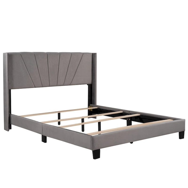 Cadre de lit Queen en velours beige / gris / bleu, 2 personnes