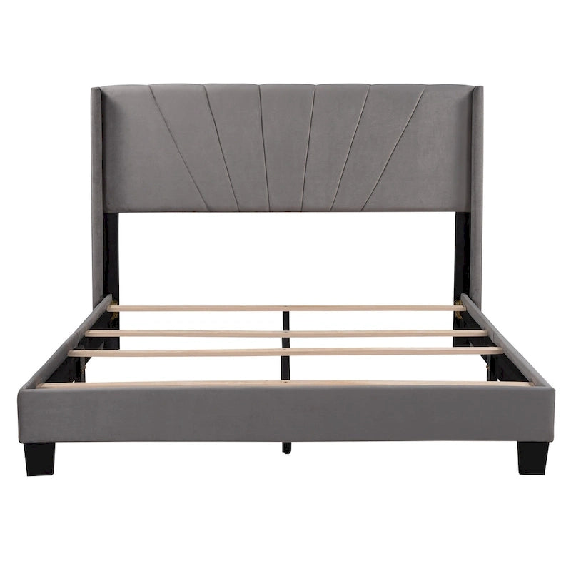Cadre de lit Queen en velours beige / gris / bleu, 2 personnes